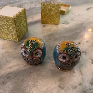 Cloisonné enamel owl salt and pepper shakers. Like new with boxes